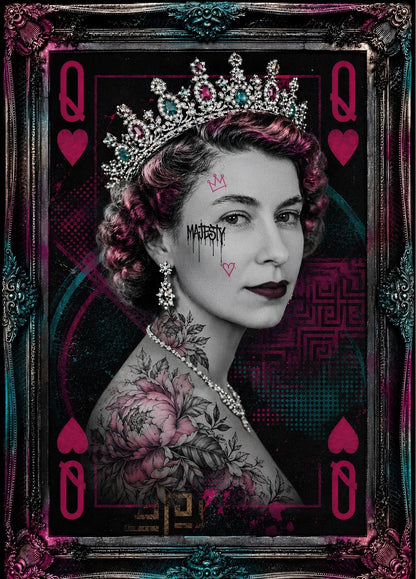 Portrait contemporain de la Reine Élisabeth façon Dame de Cœur avec influences street art

