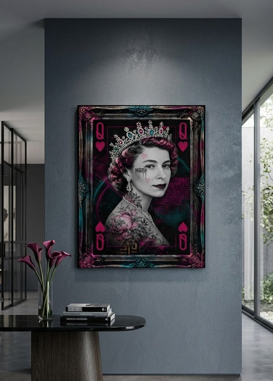 Tableau Reine Élisabeth street art dans un salon contemporain haut de gamme
