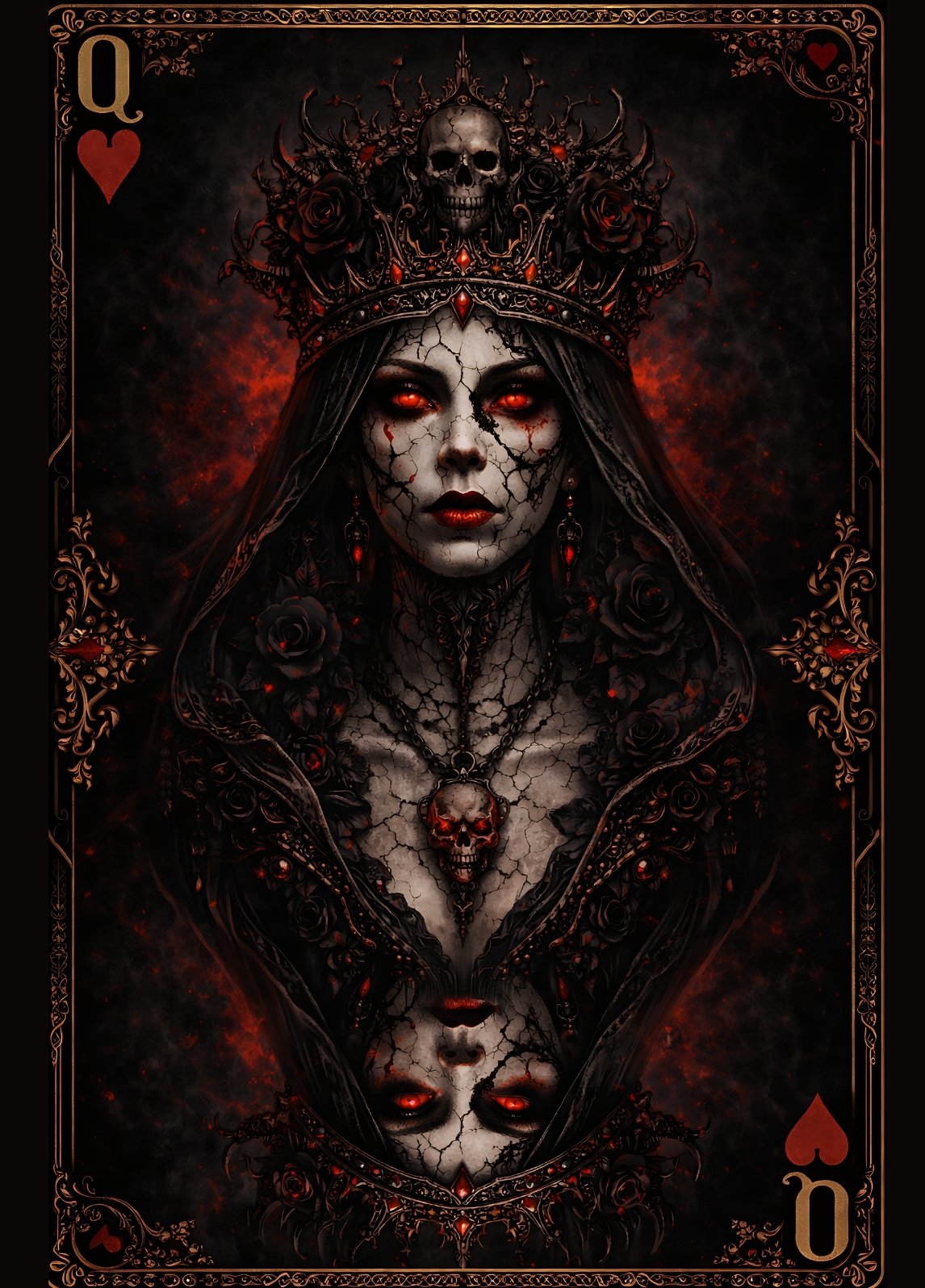 Illustration d’une reine gothique carte à jouer avec couronne sombre, yeux rouges lumineux et ambiance mystérieuse intense decoration murale design
