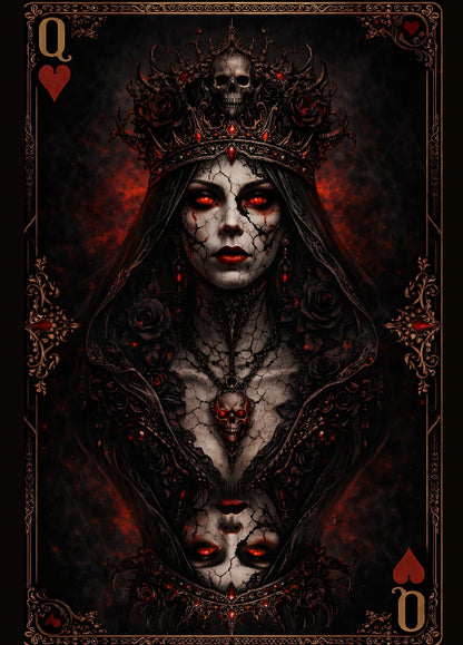 Illustration d’une reine gothique carte à jouer avec couronne sombre, yeux rouges lumineux et ambiance mystérieuse intense decoration murale design
