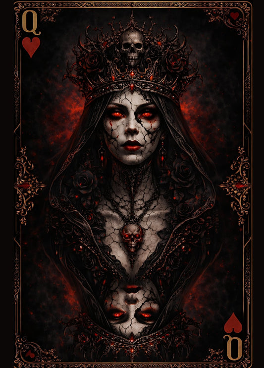 Illustration d’une reine gothique carte à jouer avec couronne sombre, yeux rouges lumineux et ambiance mystérieuse intense decoration murale design
