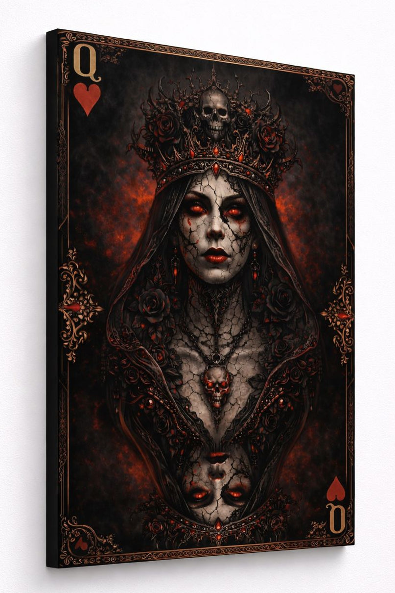 Tableau contemporain représentant une reine sombre avec éléments gothiques, roses noires et symboles puissants decoration murale moderne
