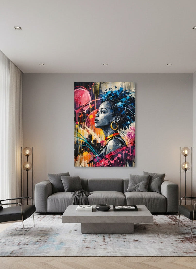 déco murale moderne portrait femme street art salon design
