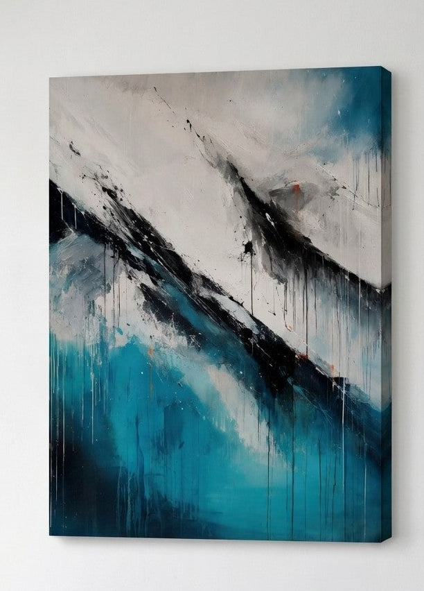 Tableau paysage montagne abstrait composé de reliefs enneigés, gestes picturaux et coulures bleues dans un style contemporain.
