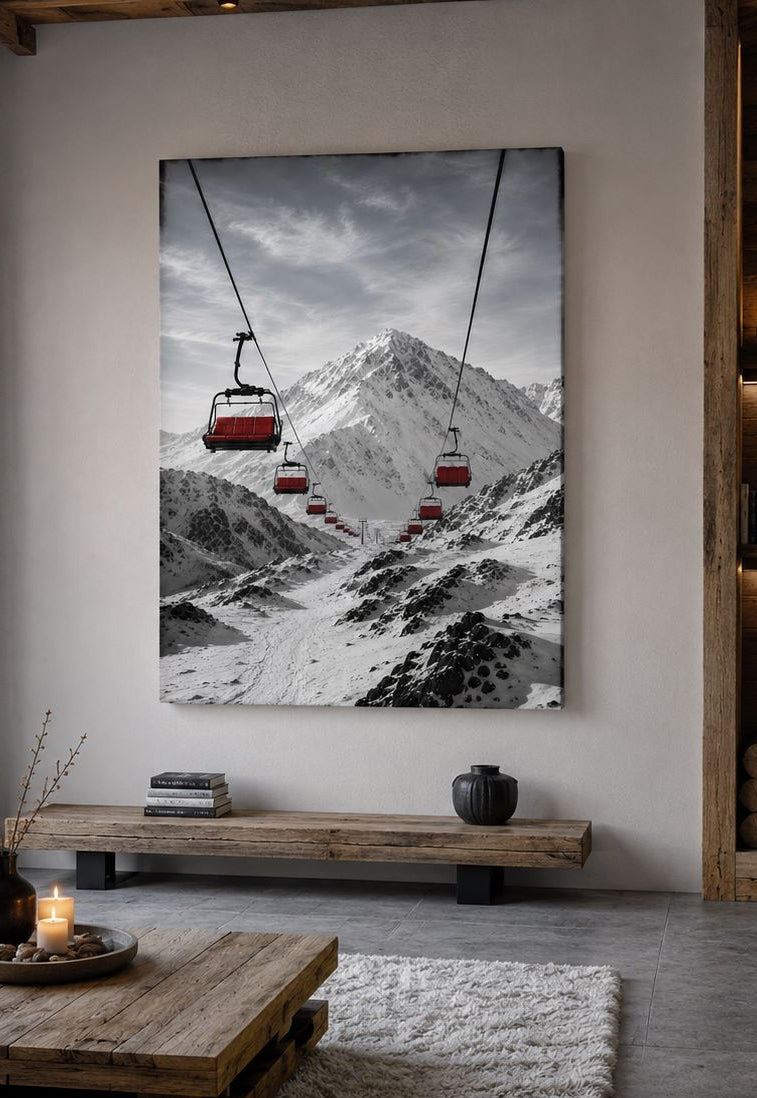 Décoration murale ski représentant une remontée mécanique aux sièges rouges traversant un vaste paysage alpin enneigé.
