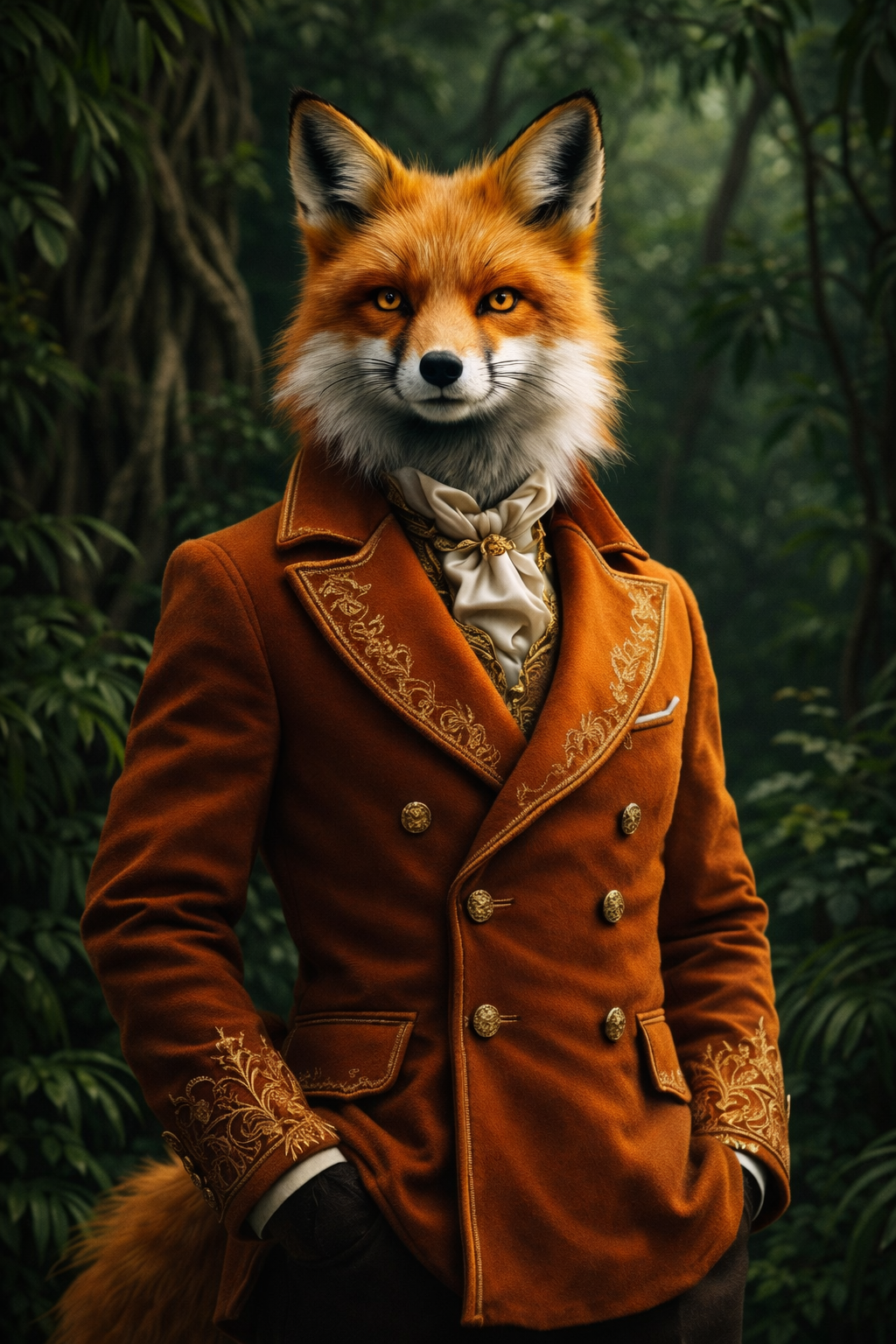 Tableau renard élégant en manteau brodé style aristocrate
