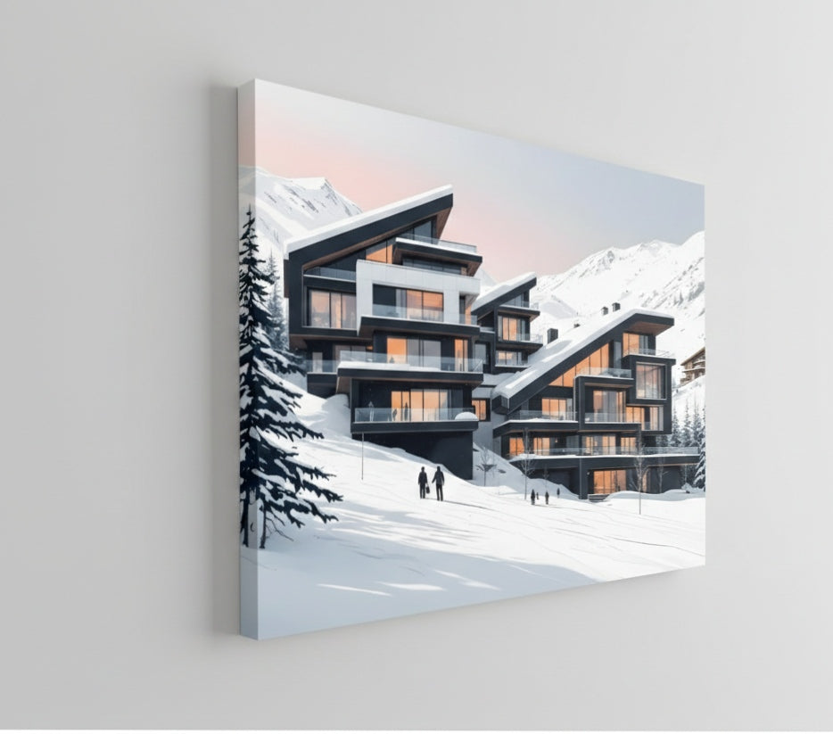 Détail architectural de la résidence iconique dans un paysage alpin enneigé
