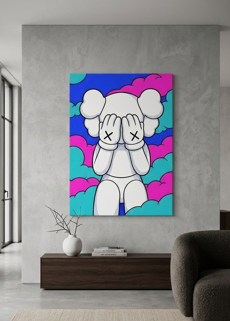 Tableau pop art nuages dans un salon moderne décoration murale colorée ambiance contemporaine
