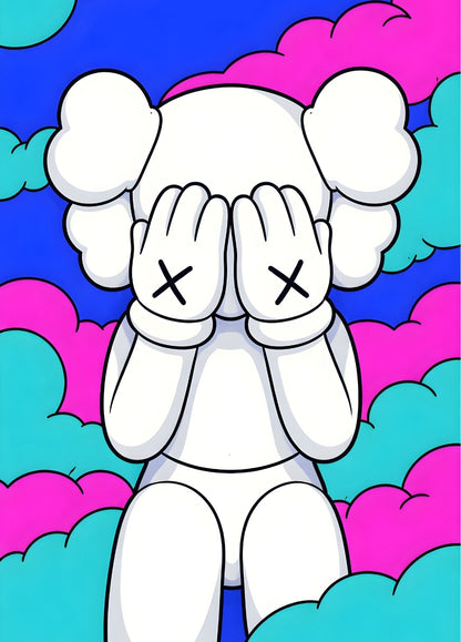 Tableau pop art avec personnage yeux croix dans nuages colorés style moderne décoration murale
