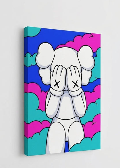 Vue profil tableau pop art moderne avec rendu couleurs vives et effet relief sur toile

