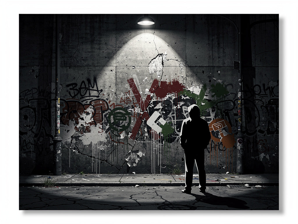 Tableau moderne street art mur graffiti nuit silhouette urbaine ambiance underground

