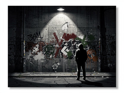 Tableau moderne street art mur graffiti nuit silhouette urbaine ambiance underground
