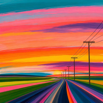 Tableau représentant une route vers un coucher de soleil coloré, création exclusive Iconik-Art
