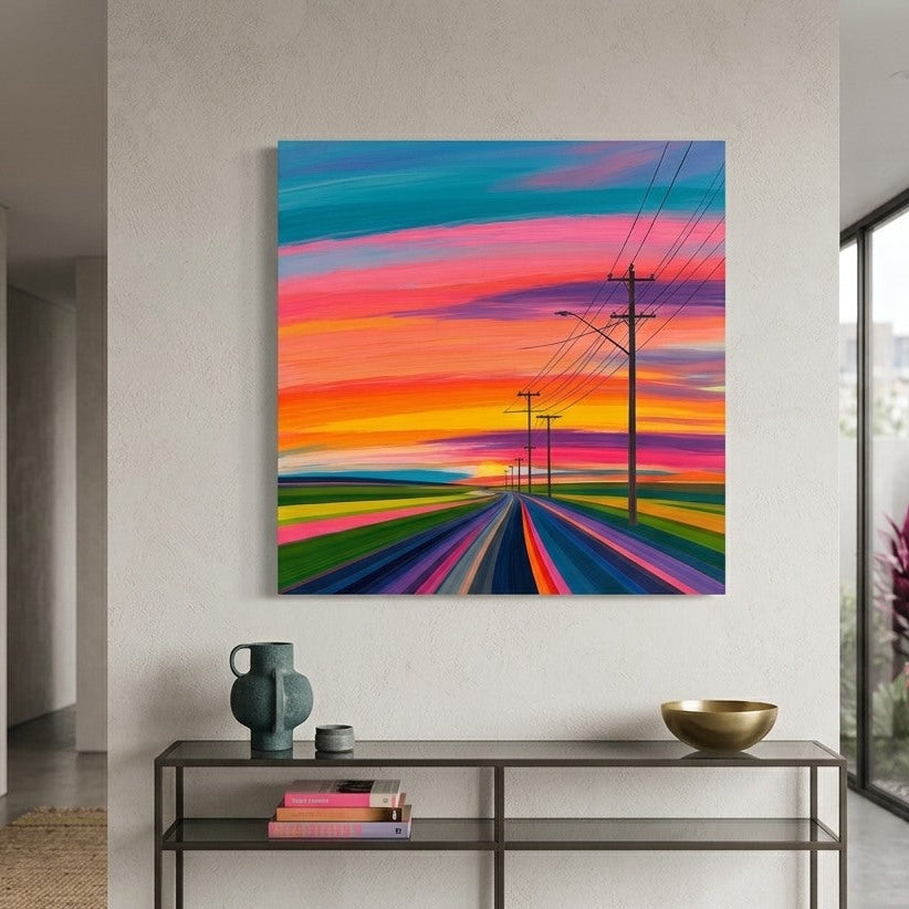Tableau paysage coloré installé dans un salon contemporain, création exclusive fabriquée en France par Iconik-Art
