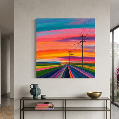 Tableau paysage coloré installé dans un salon contemporain, création exclusive fabriquée en France par Iconik-Art
