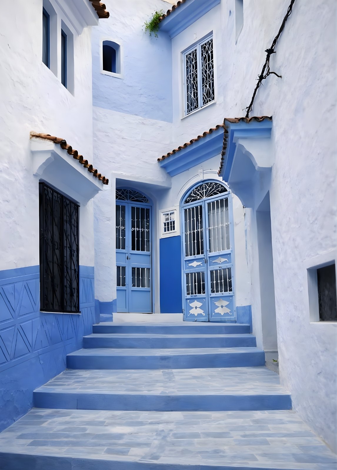 Ruelle village méditerranéen murs blancs portes bleues escaliers pierre architecture sud
