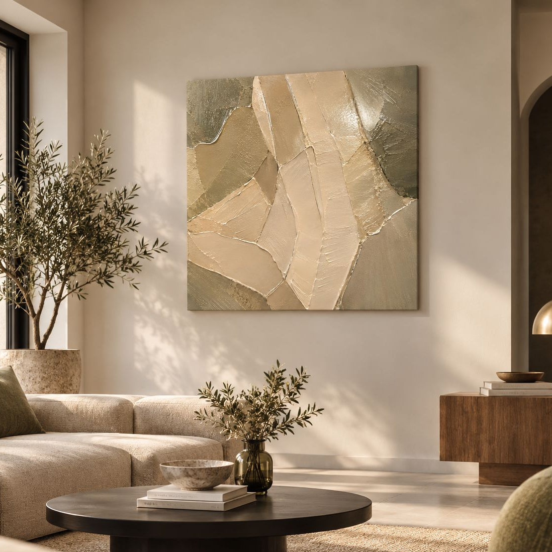 Tableau abstrait Sable Sculpté installé dans un intérieur aux matières naturelles
