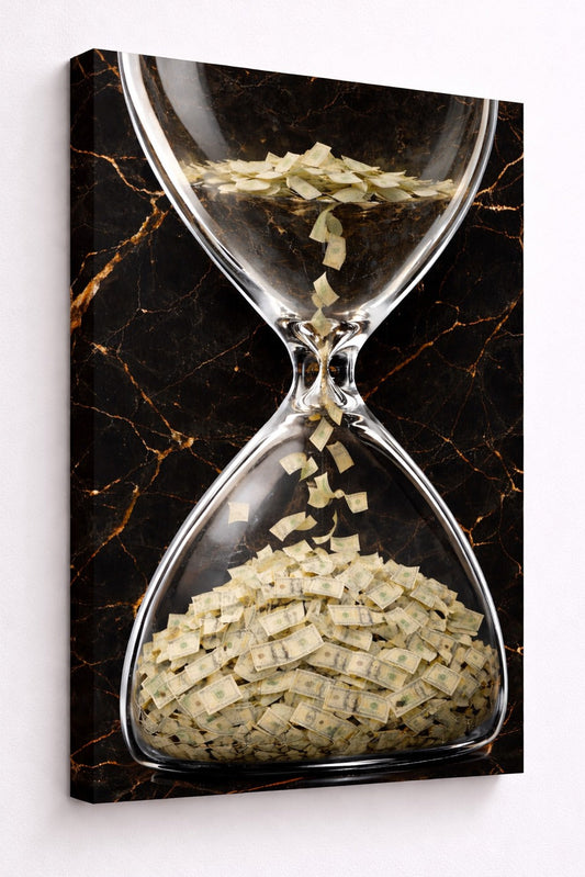 Tableau contemporain objet iconique sablier argent pour bureau et salon moderne
