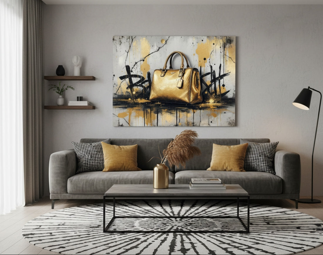 Décoration murale chic et contemporaine dans un salon design, pièce iconique dorée.
