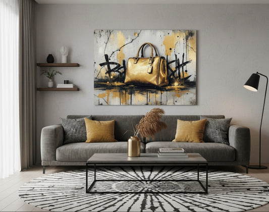 Décoration murale chic et contemporaine dans un salon design, pièce iconique dorée.
