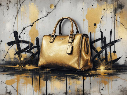 Sac doré style couture sur fond urbain texturé, création exclusive Iconik-Art.
