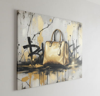 Vue de profil sur toile châssis avec reflets dorés et textures street art en impression haute qualité.
