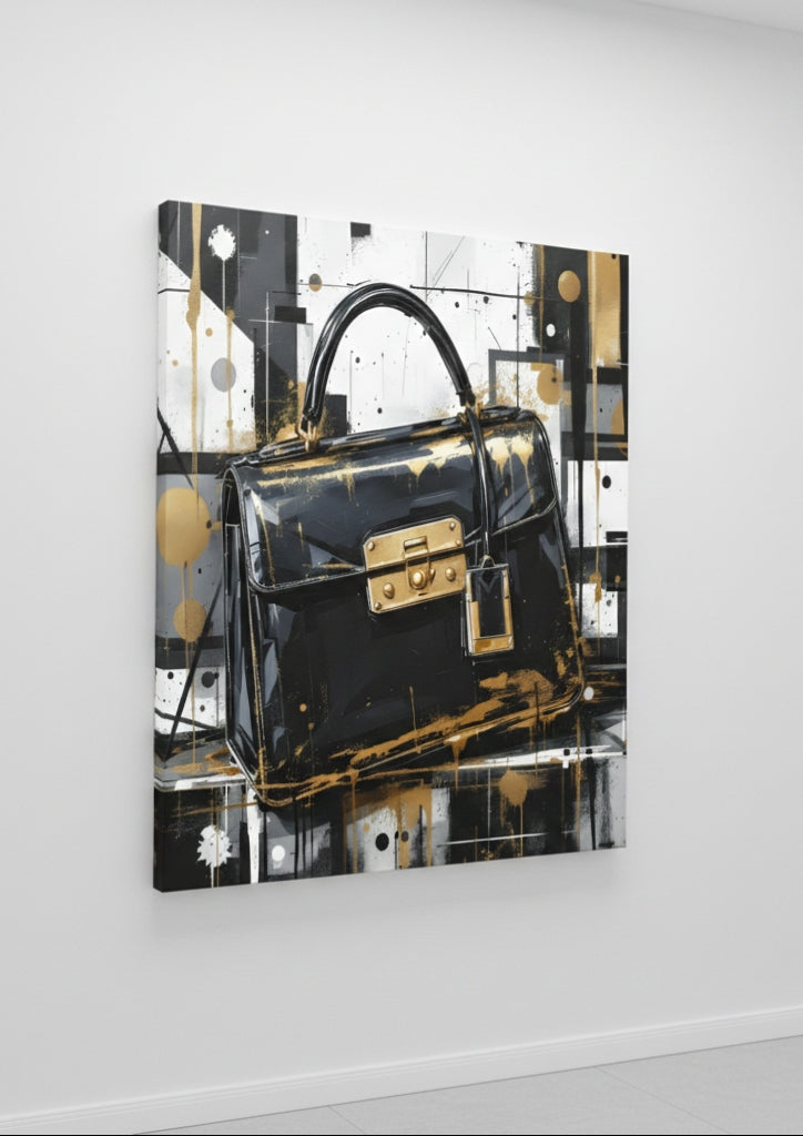 Détail du sac iconique noir et or avec éclats dorés et effets picturaux
