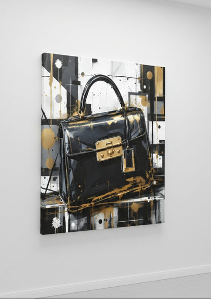 Détail du sac iconique noir et or avec éclats dorés et effets picturaux
