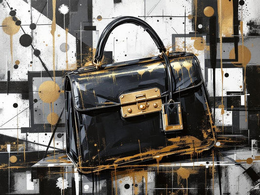 Tableau sac iconique noir et or sur fond graphique contemporain
