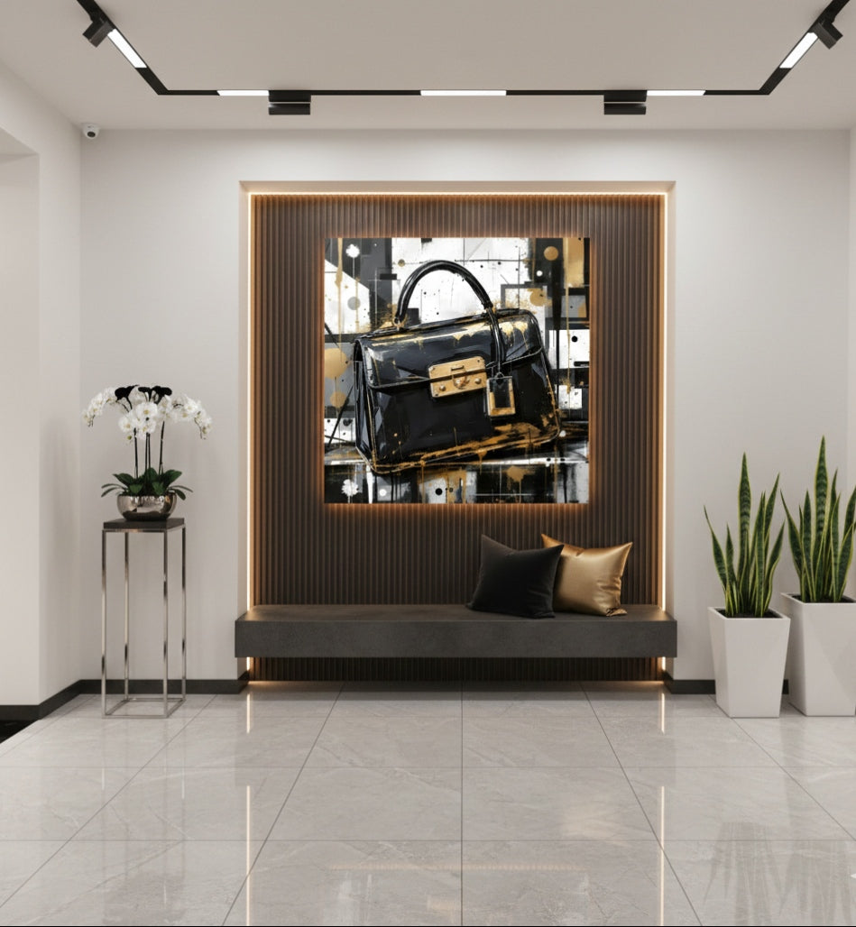 Tableau art mural sac iconique noir et or en décoration moderne
