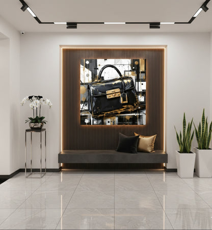 Tableau art mural sac iconique noir et or en décoration moderne
