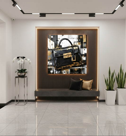 Tableau art mural sac iconique noir et or en décoration moderne
