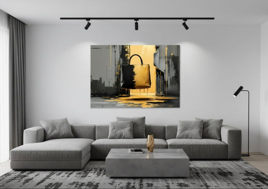 Tableau Sac Or Noir accroché dans un salon moderne, décoration murale street art avec éclaboussures dorées, ambiance urbaine et sophistiquée.
