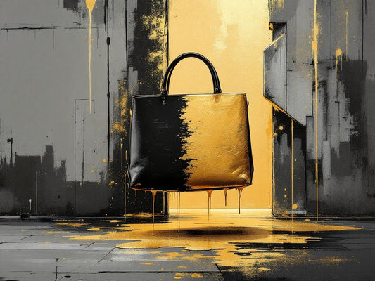 Tableau Sac Or Noir : sac de luxe stylisé avec éclaboussures dorées, création street art exclusive Iconik-Art.