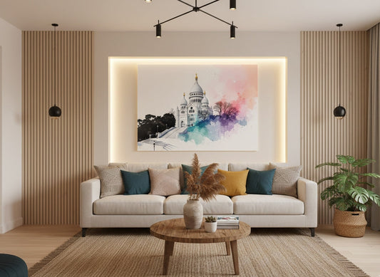 Tableau Sacré Cœur Paris accroché dans salon contemporain ambiance parisienne raffinée
