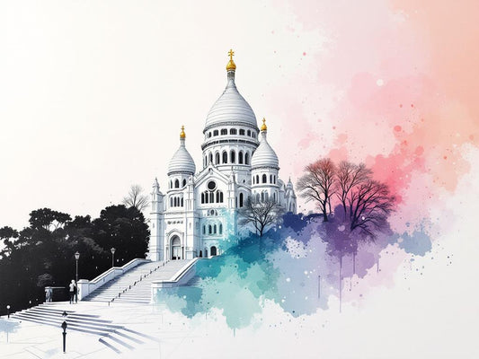 Tableau contemporain Sacré Cœur Paris style aquarelle moderne vue face haute définition
