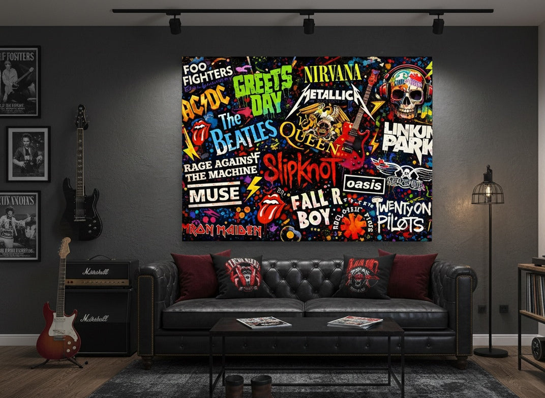 Tableau mural pop art rock installé dans salon moderne ambiance industrielle
