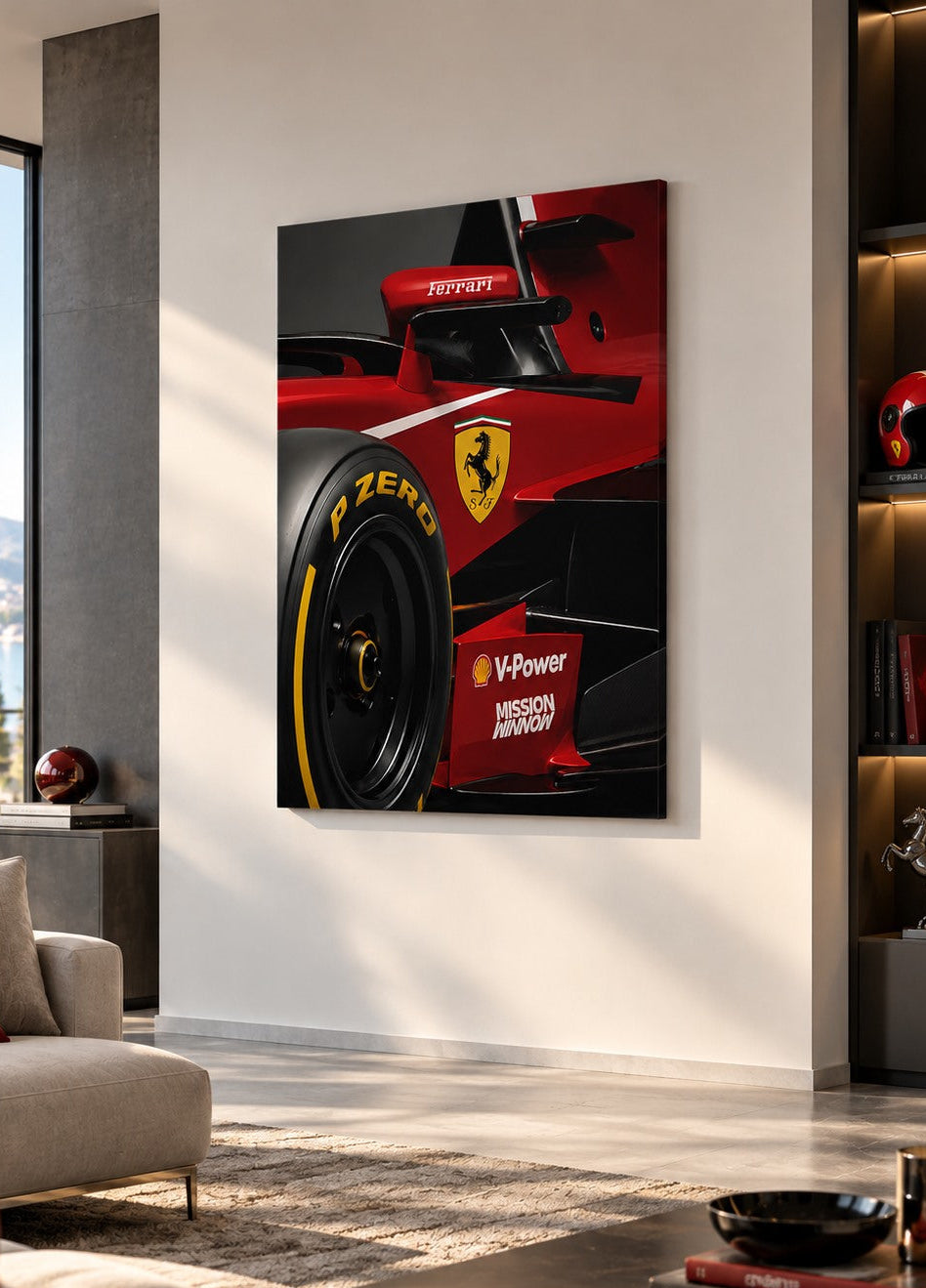 Tableau Ferrari de compétition présenté dans un intérieur contemporain
