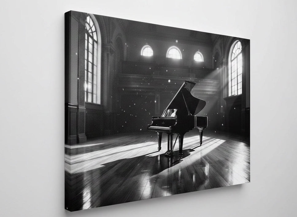 Tableau contemporain design piano élégant ambiance salle musique lumineuse
