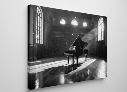 Tableau contemporain design piano élégant ambiance salle musique lumineuse
