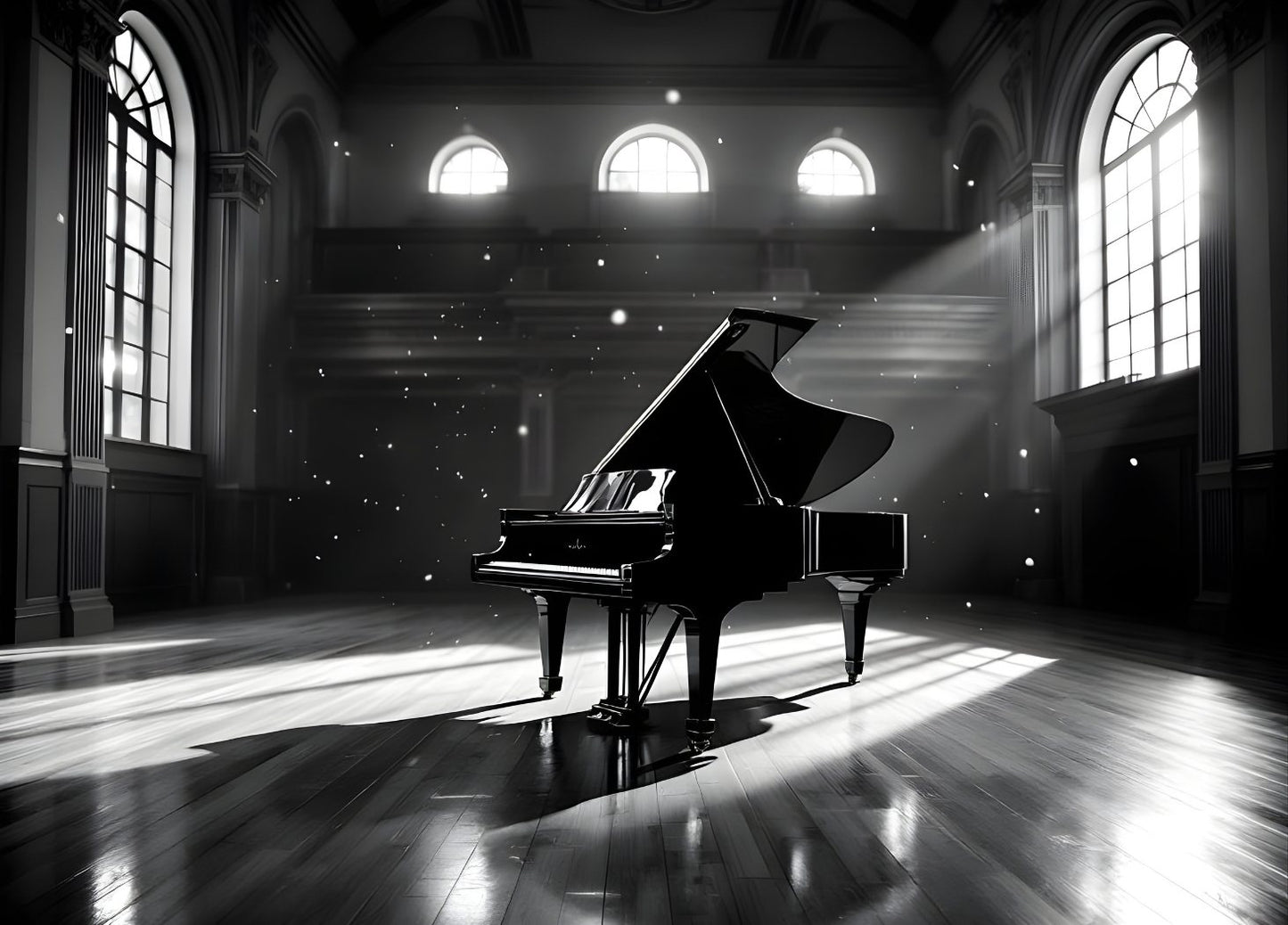 Tableau moderne piano à queue salle concert lumière dramatique noir et blanc
