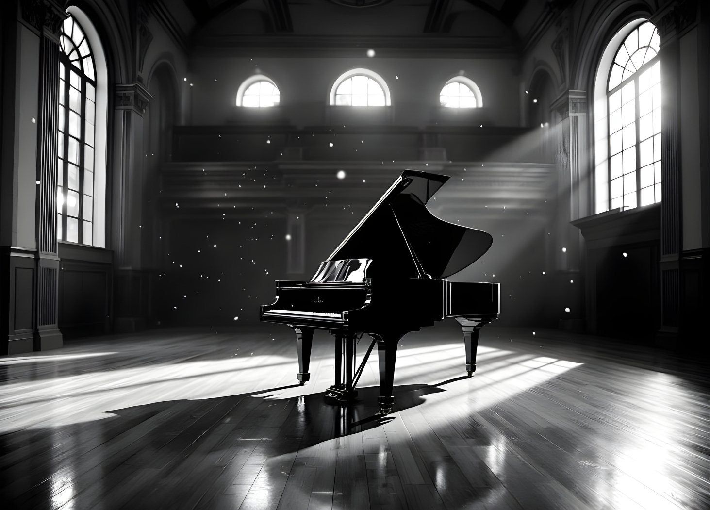 Tableau moderne piano à queue salle concert lumière dramatique noir et blanc
