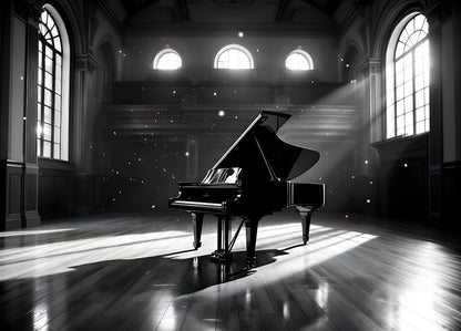 Tableau moderne piano à queue salle concert lumière dramatique noir et blanc
