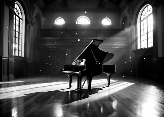 Tableau moderne piano à queue salle concert lumière dramatique noir et blanc
