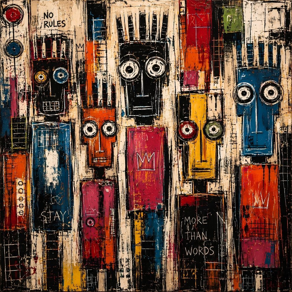 Tableau Silent Tribe pleine page en gros plan avec personnages graphiques colorés et textures picturales
