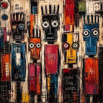 Tableau Silent Tribe pleine page en gros plan avec personnages graphiques colorés et textures picturales
