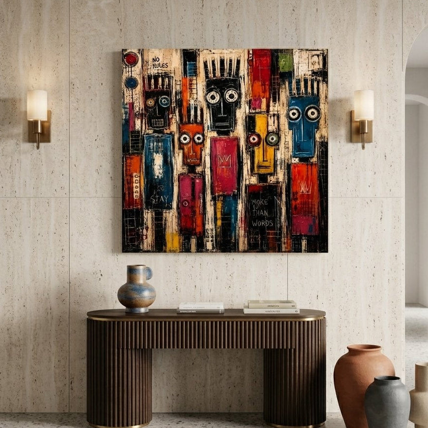 Tableau de figuration contemporaine Silent Tribe présenté en situation dans un salon moderne
