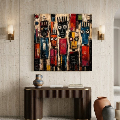 Tableau de figuration contemporaine Silent Tribe présenté en situation dans un salon moderne
