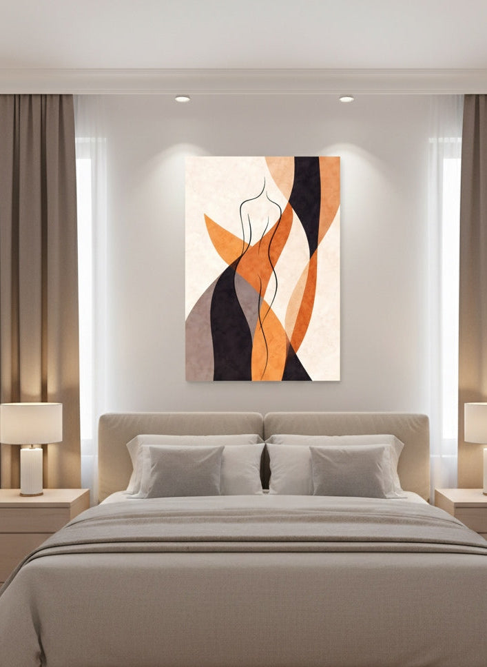 Tableau silhouette minimaliste accroché dans salon moderne tons terracotta ambiance épurée et ch
