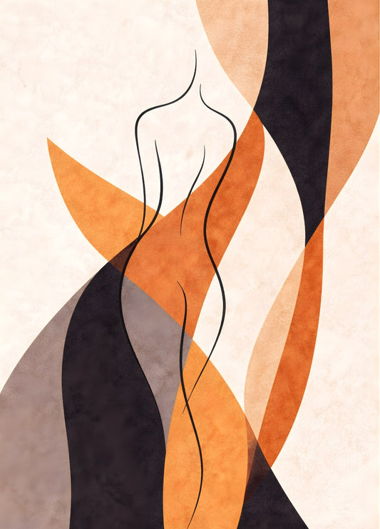 Tableau minimaliste silhouette féminine lignes épurées tons terracotta beige noir décoration murale contemporaine exclusive
